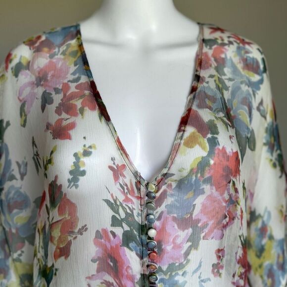 Boho Floral Sheer Chiffon Bell Sleeve 100% Silk Top - Picture 4 of 7